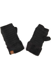 C.C Women Soft Warm Fingerless Solid Color Knit Fuzzy Sherpa Lining Gloves