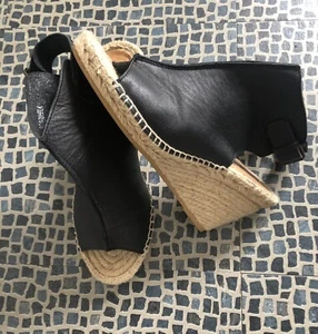 TOPSHOP Size 6 Black Leather Espadrilles Wedge Heel Peep Toe Buckled Sling back - Picture 1 of 12