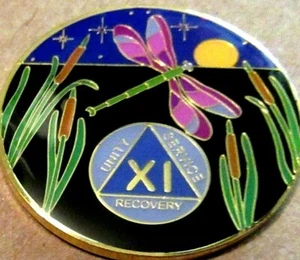 Black Gold Blue DragonFly Alcoholics Anonymous AA 11 year Medallion Token Coin - Picture 1 of 9