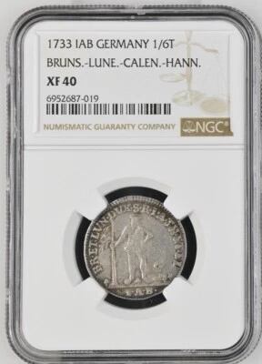 1733 IAB German States Brunswick Lunenberg. 1/6 Taler 6 MG. NGC XF 40 - Image 1 of 2