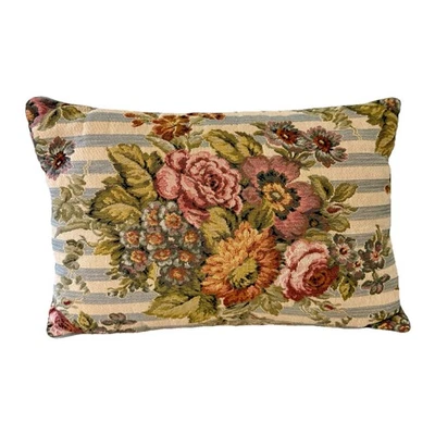 1980s Striped Floral Tapestry Throw Pillow Blue Pink White Decorative Lumbar - Image 1 of 4