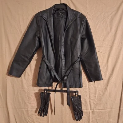 Chaqueta de Cuero KC Collections Mujer M Negra Forrada con Cinturón Informal con Guantes Foto 1 de 4