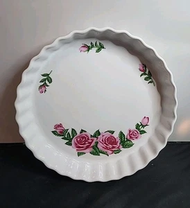 Christine Holm geriffelte Tarte/Quiche runde Backform Steinzeug rosa geblümt  - Bild 1 von 2