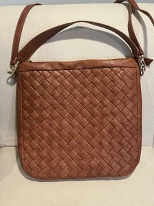 Brown Leather Woven Crossbody Bag Tote Purse With Gold Hardware - Picture 1 of 15