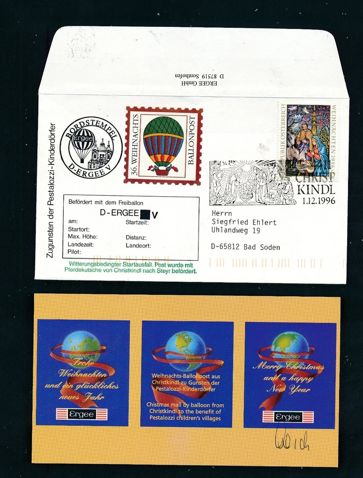 112958) 36.Christkindl Weihnachtsballonpost 1996,  AED Ergee + sign.Karte - Bild 1 von 1