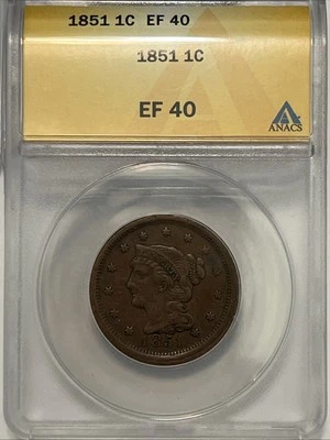 1851 1c ANACS VF20 Braided Hair Large Cent United States Coin - Image 1 of 4