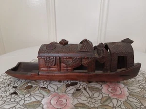 Antique China Chinese hand carved wood wooden bamboo river boat junk, late 19th - Picture 1 of 6