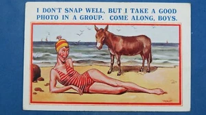 Postal de cómic vintage 1930 fotografía burro de playa foto baño belleza a presión - Imagen 1 de 2