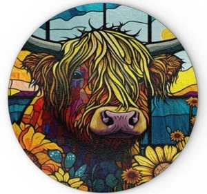 Highland Cow With Sunflowers Glass Chopping Board, Stained Glass Effect,, Happy - Picture 1 of 7