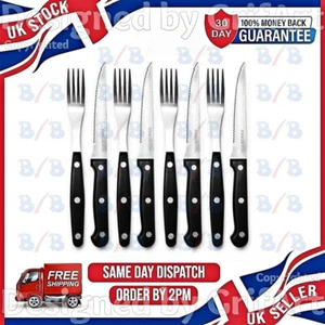 SET OF 8 STEAK KNIVES AND FORKS BLACK HANDLE SHARP SERRATED EDGE KNIFE CUTLERY - Picture 1 of 5