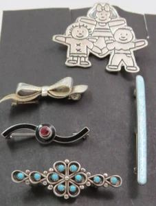 Vintage Lot of 5 Silver Pins Bar Bow Children Turquoise - Picture 1 of 11