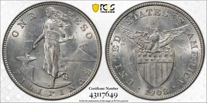 1908-S Filippine Peso Argento PCGS MS 61 RARO in perfette condizioni FDC!! - Foto 1 di 5