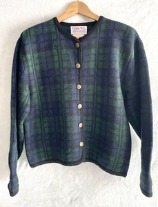 Tally-Ho Wool Sweater Size Large Green & Blue Plaid W/ Gold Buttons - Picture 1 of 4