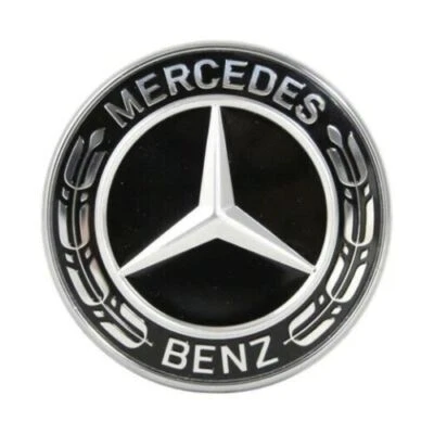 FRONT HOOD MERCEDES BENZ SILVER BLACK EMBLEM FLAT LAUREL WREATH BADGE 57MM AMG - Image 1 of 2