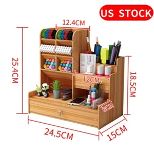 Wood Pencils Holder Pen Box Stationery Storage Rack Desktop Organiser Container - Picture 1 of 11