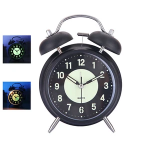 Retro Twin Bell Alarm Clock Quartz Silent Luminous Dial Nightlight Analog Clock - Picture 1 of 15