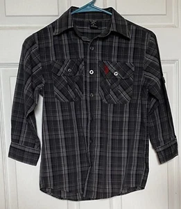 BOYS US POLO ASSN PLAID SHIRT DARK & LIGHT GRAY BLACK ROLL TAB SLEEVES SZ 8 - Picture 1 of 8