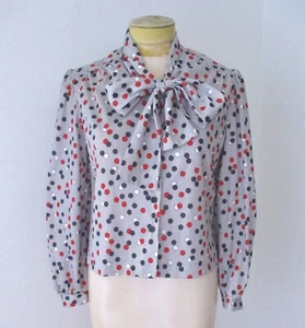 Vtg 70s Gray Pinstripe Red Dots Silky Blouse Secretary Top Pussy Bow Petite? 8 - Picture 1 of 6
