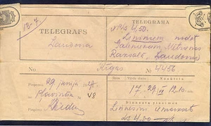Latvia, 29.06.1927., Extra Telegramm Nr: 6d. from Plavinas to Laudona (RARE) - Picture 1 of 1