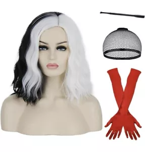 NUEVA Peluca de Pelo Diabólica Diva Cruella Blanca y Negra y Accesorios Diablo Adulto - Imagen 1 de 3