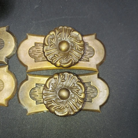 2 Vintage Antique Bronze gold flower knob & backplate Mid Century hardware knob Cover