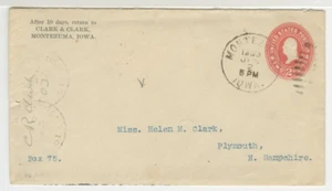 Copertina pubblicitaria US Postal History Montezuma IA to Plymouth NH 1903 Duplex A10 - Foto 1 di 2