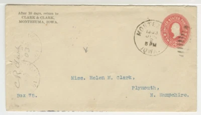 US Postal History Montezuma IA to Plymouth NH Advertising Cover 1903 Duplex A10 - Image 1 of 2