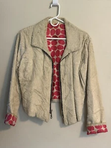 Vintage cremefarbene Seidenfell Damenjacke mit rosa & schwarzem Tupfen Seidenfutter - Bild 1 von 16