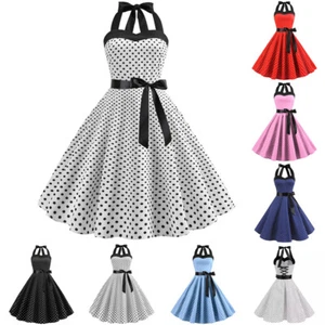 Womens Vintage Party Rockabilly 1950s 60s Swing Halters Dress Polka Dot Dresses - Picture 1 of 18