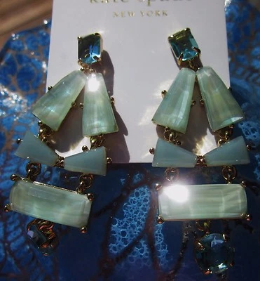 Huge $128 Aqua Kate Spade NY 14K Gold- Plated Beach Glass Gem Statement Earrings - Image 1 of 4