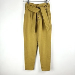 Sezane Trousers Mustard Yellow Linen Crop High Waist Button Belt UK 6 Paperbag - Picture 1 of 24