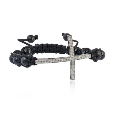 Bracciale croce diamante onice argento sterling 925 macramè gioielli fatti a ... - Immagine 1 di 4