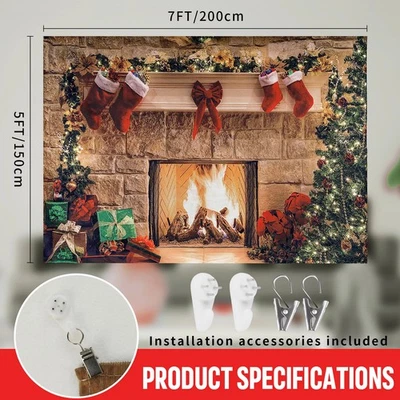 7×5FT Christmas Backdrop Large Xmas Fireplace Tree Photography Background Party - Image 1 of 4