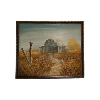 Rancho de Texas con valla de alambre de púas pintura acrílica lienzo enmarcado firmado 22x26 Foto 1 de 4