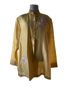 Blusa túnica Yi Lin 100 % seda Shantung para mujer grande amarilla bordado floral - Imagen 1 de 11
