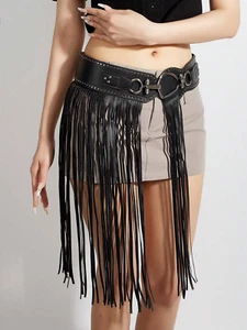 S-XXL Faux Leather Steampunk Long Tassels Waist Belt Elastic Belt for Women - Picture 1 of 11