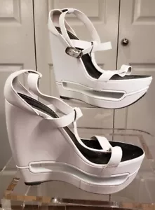 Celine RUNWAY Leather White Wedges strappy ankle wrap Shoes Sz 37.5 - Picture 1 of 12