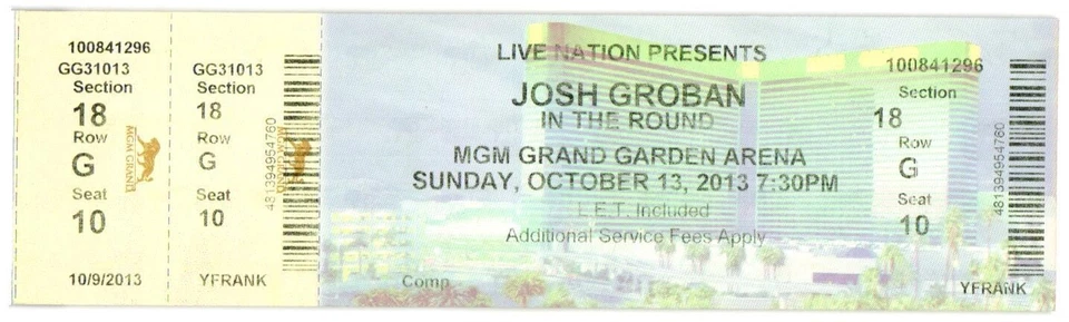 2013 Josh Groban Full Concert Ticket Stub Las Vegas NV - Image 1 of 1