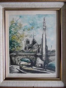 Paris View Pont de la Tournelle, Notre Dame. Grabado de aguatinta firmado vintage. - Imagen 1 de 6