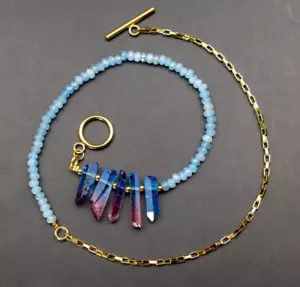 Blue crystal collar necklace, toggle necklace gold box chain - Picture 1 of 10