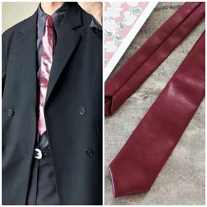 Narrow PU Leather Tie Solid Color Retro Cravat Classic Men Necktie Business - Picture 1 of 18