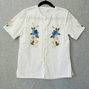 Vintage Cottagecore Applique Top Button Up Grandma Embroidered M Floral Retro - Picture 1 of 6
