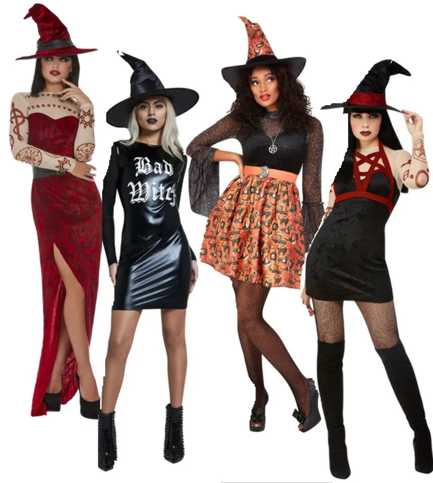 Ladies Witch Costume Adults Halloween Fancy Dress Witches Outfit UK 8-18 — 第 1/4 张图片