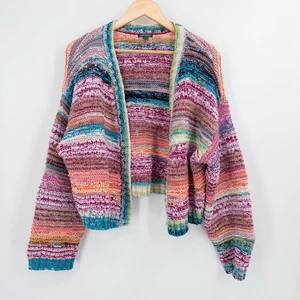 Colorful Chunky Knit Cardigan XXL Rainbow Striped Chenille Sweater Artsy Cozy - Picture 1 of 7