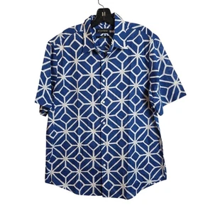 Piombo Mens Blue Geometric Print Short Sleeve Button Down Shirt - Large - Picture 1 of 12