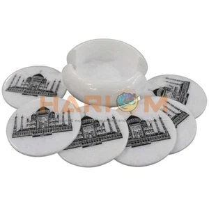 4" White Round Coaster Dining Set Taj Mahal Pattern Art Handmade Design Decorate - Picture 1 of 6