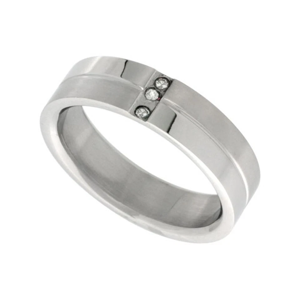 Обручальное кольцо из хирургической стали с фианитом 3 камня 7 мм с желобками по центру размер 8-14 - Изображение 1 из 1
