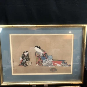 Antiguo bloque de madera japonés “La belleza juega con un gato” Okumura Masanobu 1686-1764 - Imagen 1 de 17