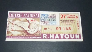 BILLET LOTERIE NATIONALE FRANCE R. HATOUN BORDEAUX 1957 LES VIGNERONS - Imagen 1 de 2