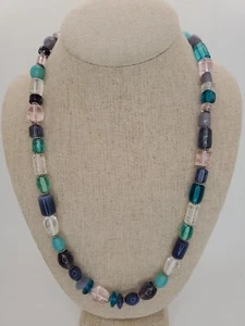 Chunky Glass Bead Blue Pink Purple 22 in Long Necklace Pretty Pastels - Picture 1 of 3